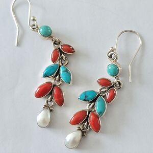 Vintage Coral, Turquoise and Pearl Flower Earring Studs in 925 Sterling Silver